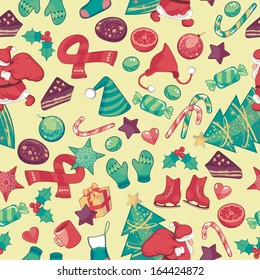 Christmas seamless pattern with assorted seasonal objects