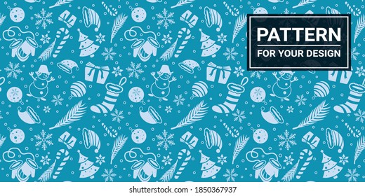 Christmas seamless pattern. Christmas attributes on a blue background.