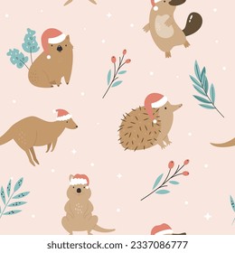 Christmas seamless pattern with Australian animals in Santa hats. Holiday backdrop for textile, wrapping paper, fabric, gift boxes