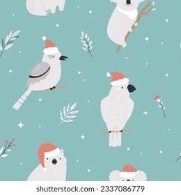 Christmas seamless pattern with Australian animals in Santa hats. Holiday backdrop for textile, wrapping paper, fabric, gift boxes