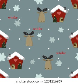 Christmas seamless pattern for baby.  Blue background with moose head,  clouds and snowflakes. Gingerbread house with fir tree. For baby print design. Vector illustration.
