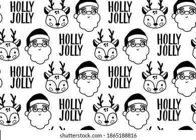 Christmas seamless pattern with baby deer and funny Santa Claus and Holly Jolly lettering. Doodle sketch style. Holidays background. Xmas texture, wrapping paper. Repeat winter graphic design.