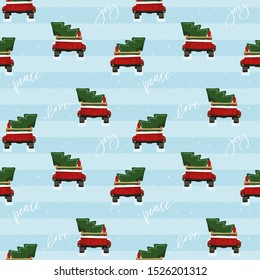 Christmas seamless pattern with the back of pickup truck.  Spruce tree transportation  winter holiday gift wrapping, envelope liner design. Winter holiday repeat textile print, peace love joy text
