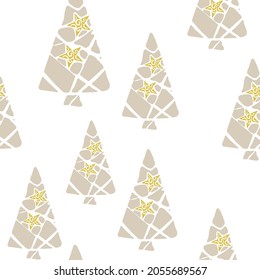 Christmas seamless pattern. Background with beige Christmas trees on gold snowflake . can be used for textile