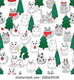 Navidad Fondo de patrón sin foco lindo gatitos en nieve para el invierno. Estilo Doodle