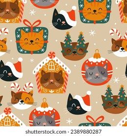 Christmas seamless pattern background with cute cat characters. Childish print for fabric, wrapping paper, textile, wallpaper and apparel