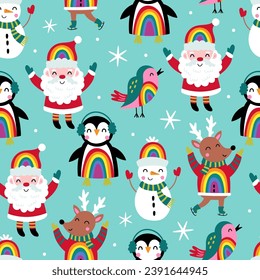 El fondo navideño de patrón impecable lindo Santa, muñeco de nieve, pingüino y renos personajes con arco iris. Papel para tela, papel para envolver, papel textil, papel pintado y prendas de vestir