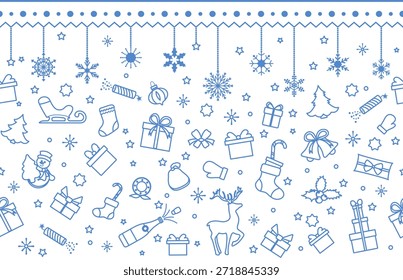 Christmas seamless pattern background with gifts, snowflakes, trees, reindeer, and decorations vector