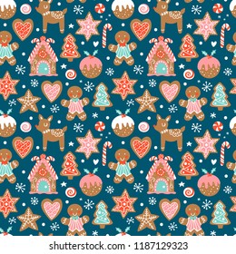 Christmas seamless pattern background with gingerbread house and cookies. Vector illustration