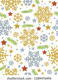 Christmas seamless pattern background with gold and silver glittering snowflakes, twig and stars,  vector illustration