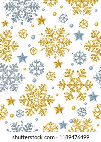 Christmas seamless pattern background with gold and silver glittering snowflakes and stars,  vector illustration