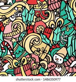 Christmas seamless pattern background in hand drawn doodle style.