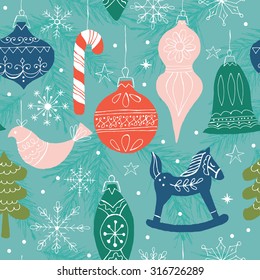 Christmas seamless pattern background with ornaments and decorations. Hand drawing vector illustration