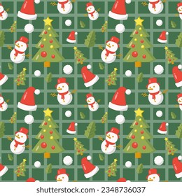 Christmas seamless pattern background paper wrapping holiday snow illustration holly leaf gift box tree snowman