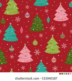 Christmas seamless pattern background with pine tree, christmas ball, snow and snowflake