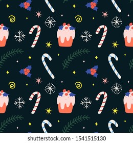 Christmas seamless pattern background with christmas pudding cake and candy canes, hand drawn cartoon style decorative backdrop. Good for wrapping paper, gift card or textile print.