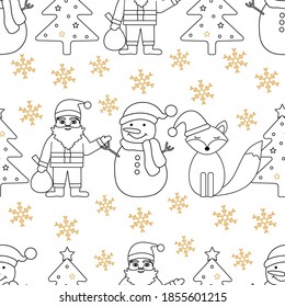 Christmas seamless pattern. Background with Santa Claus, Christmas tree, snowman, fox and snowflakes . Vector illustration.