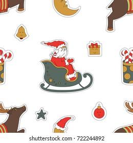 Christmas seamless pattern background. Santa Claus in a sleigh, reindeer and gifts vector illustration. A cute holiday Wallpaper.