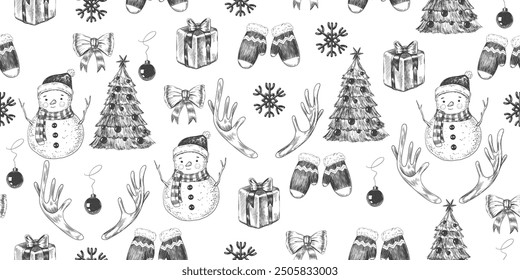 Christmas seamless pattern. Background with snowman, Christmas tree, bow, Christmas ball, deer antlers, snowflakes, gift box and mittens. Sketch style Christmas design elements