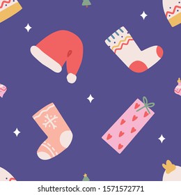 Christmas seamless pattern background with christmas socks, hats and gifts, hand drawn cartoon style. Good for wrapping paper, gift card or textile print