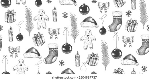 Navidades sin patrón. Fondo con calcetines de Navidad, ramas de abeto, hombre de jengibre, bolas de Navidad, sombrero de Santa Claus, copos de nieve, caja de regalo y lazo atado. Estilo de boceto decoraciones de Navidad