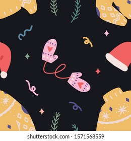 Christmas seamless pattern background with christmas sweater and mittens, hand drawn cartoon style. Good for wrapping paper, gift card and textile print