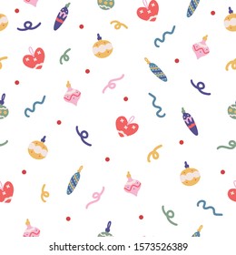 Christmas seamless pattern background with christmas toys and confetti, hand drawn cartoon style. Good for wrapping paper, gift card or textile print