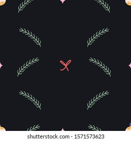 Christmas seamless pattern background with christmas tree branch and toys, hand drawn cartoon style. Good for wrapping paper, gift card or textile print