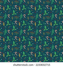 Christmas seamless pattern background with christmas tree christmas leaves christmas candy and stars