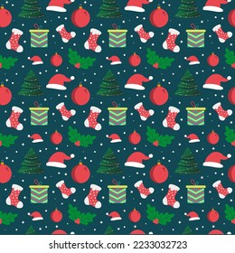 Christmas seamless pattern background with christmas tree christmas santa hat christmas candy winter socks gift box and stars