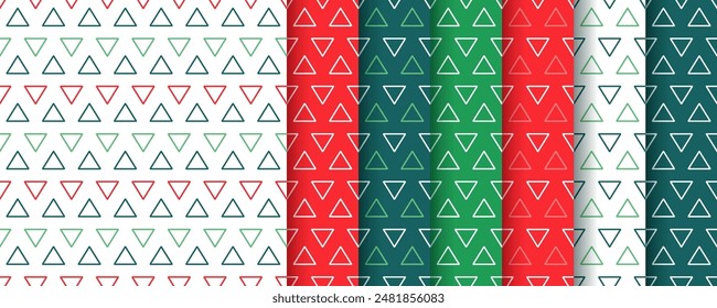 Christmas seamless pattern. Background with triangles. Xmas New year texture. Set festive red green prints. Holiday wrapping papers. Vector illustration. Collection geometric backdrops.