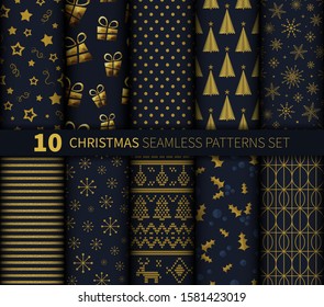 Christmas seamless pattern background vector set golden dark blue abstract