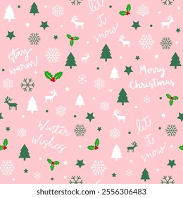 Christmas seamless pattern background with Winter wishes, Stay warm, Let it snow and Merry Christmas hand lettering.