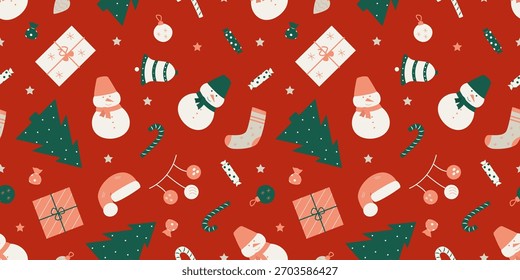 Natal padrão sem emenda. Fundo Natal inverno elementos. para embalagem de férias, papel de embrulho e presentes. Em um fundo vermelho.