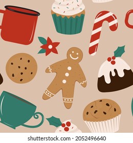 Christmas seamless pattern with bakery food illustrations in flat style. Hand drawn vector cup, muffin, cake, candy, cupcake, gingerbread man. Vintage background template, wrapping paper, textile