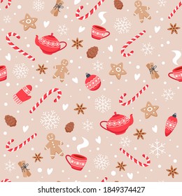 Christmas seamless pattern with baking, gingerbread cookies and new year candies