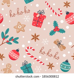 Christmas seamless pattern with baking, gingerbread cookies and new year candies