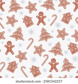 Christmas seamless pattern with baking and snowflakes on a white background. Vector design template. Happy New Year pattern. Season greeting.