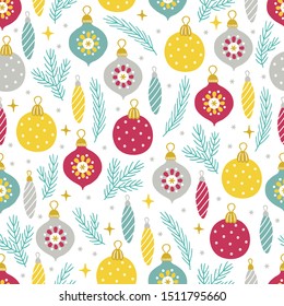 Christmas seamless pattern with ball, bauble, fir branches, snowflakes and stars on white background. Perfect for greeting cards, wallpaper, gift paper, winter decorations
