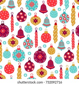 Christmas seamless pattern with ball, bauble, bells and snowflakes on white background. Perfect for wallpaper and greeting cards 