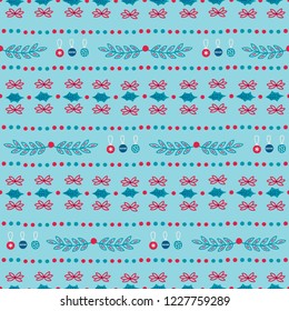 Christmas seamless pattern with ball, leaves, stripes on light blue background. Perfect for holiday invitations, winter greeting cards, wallpaper and gift paper 