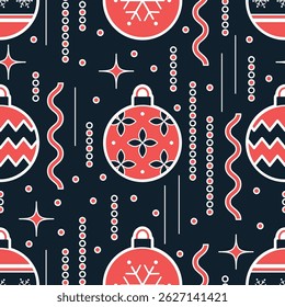 Christmas Seamless Pattern. Christmas Ball Ornaments, New Year's Tinsel. Trendy Geometric Flat Style. Merry Christmas Happy New Year Design. Vector in Black Red White