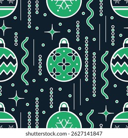 Christmas Seamless Pattern. Christmas Ball Ornaments, New Year's Tinsel. Trendy Geometric Flat Style. Merry Christmas Happy New Year Design. Vector in Black Green White