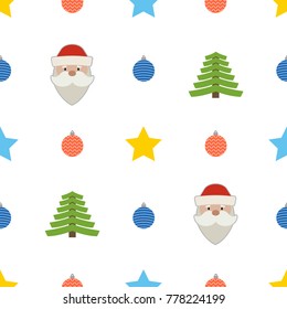 Christmas seamless pattern with ball, star, Santa Claus and Christmas tree on white background. Vector illustration

