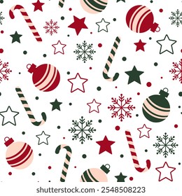 Navidades sin patrón con globo, copos de nieve, bastón de caramelo y estrellas, en colores verde y rojo sobre fondo blanco. Para invitaciones festivas, tarjetas de felicitación, Vector de papel de Fondo de pantalla y regalo