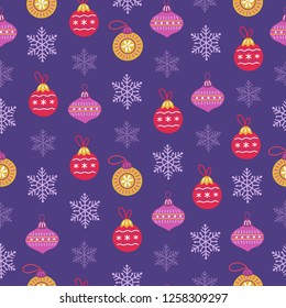 Christmas seamless pattern with balls, baubles and snowflakes on violet background. Perfect for holiday invitations, wrapping paper, greeting cards. Vector illustration.