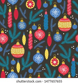 Christmas seamless pattern with balls, baubles, snowflakes and fir branches on dark background. Perfect for greeting cards, wallpaper, gift paper, winter decorations