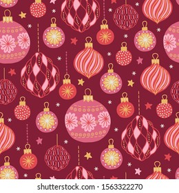 Christmas seamless pattern with balls, baubles, stars and snowflakes on bordo background. Perfect for greeting cards, wallpaper, gift paper, winter decorations