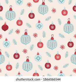 Christmas seamless pattern with balls, baubles, fir branches, flowers, snow on beige background. Scandinavian style. Perfect for holiday invitations, winter greeting cards, wallpaper and gift paper