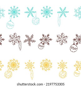 Christmas seamless pattern with balls, baubles, cones, bows blue background. Perfect for holiday invitations, winter greeting cards, wallpaper and gift paper